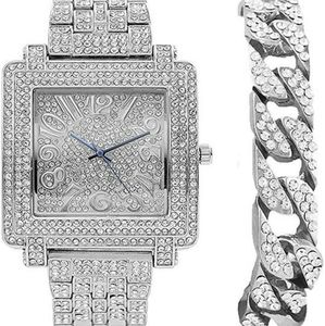 Silver Square Watch Diamond Cuban Link Bracelet
